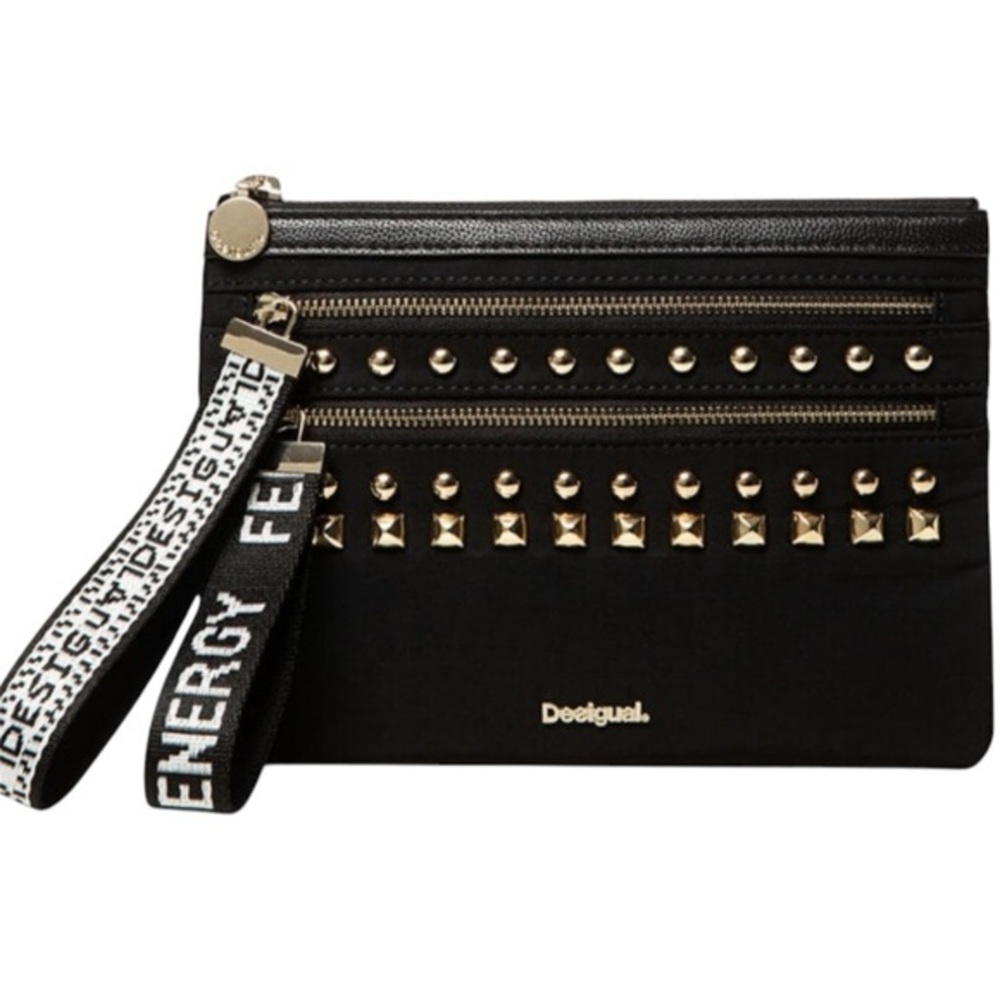 Desigual Studded Black Clutch / Wristlet / Wallet with zip pulls